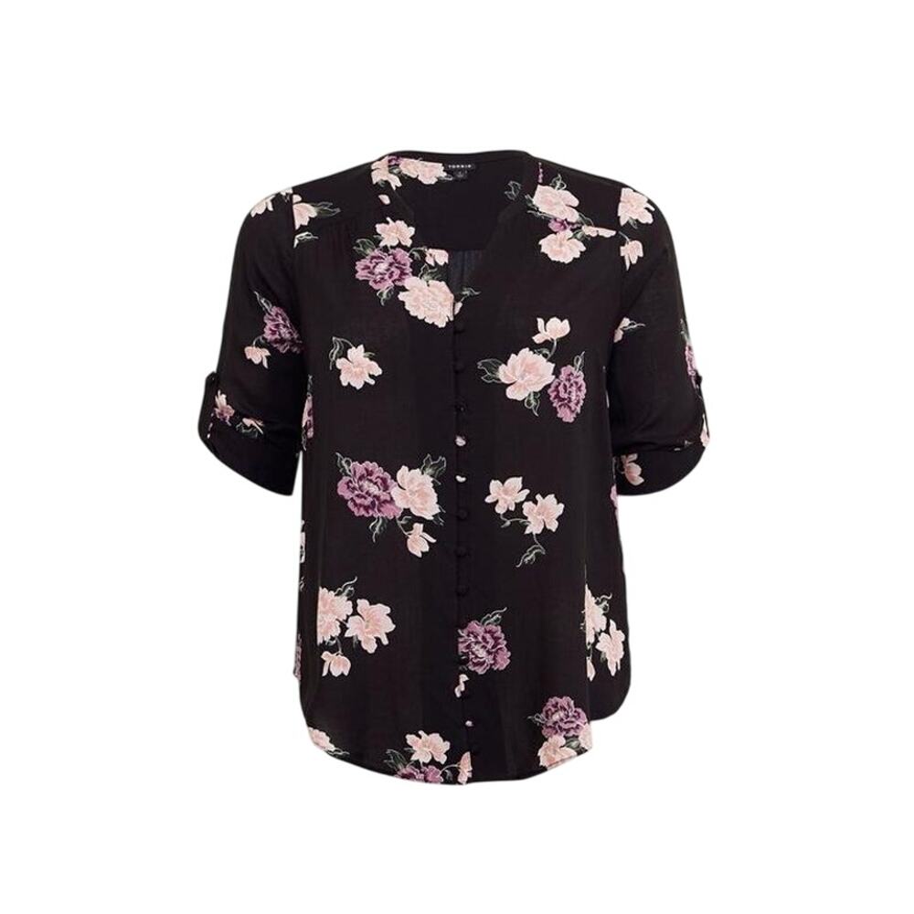 Torrid Harper Challis Button-Front 3/4 Sleeve Blouse Womens 2 2X Black Floral
